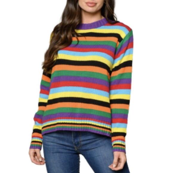 Olivaceus Rainbow Stripe Crew Neck Long Sleeve Pullover Sweater NIB Size S - Picture 2 of 8